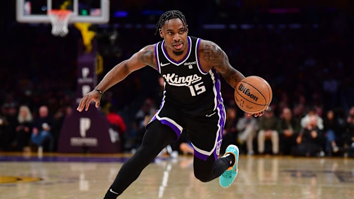 Mar 6, 2024; Los Angeles, California, USA; Sacramento Kings guard Davion Mitchell (15) controls the
