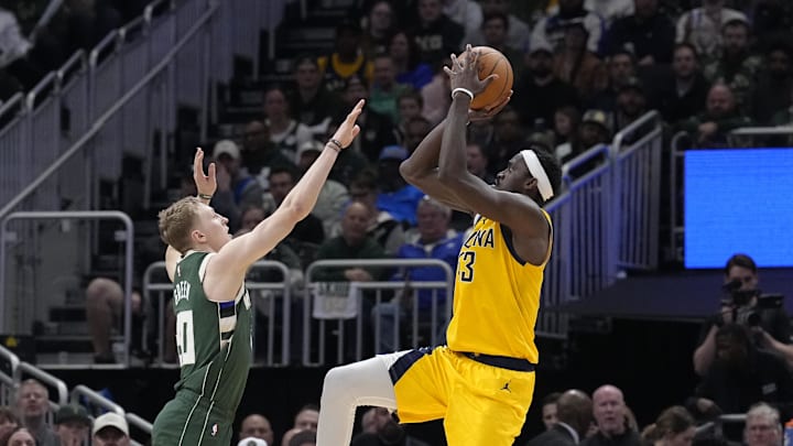 Apr 25, 2025; Milwaukee, Wisconsin, USA; Indiana Pacers forward Pascal Siakam (43) puts up a shot against Milwaukee Bucks guard AJ Green (20) in the second half during game three of first round for the 2024 NBA Playoffs at Fiserv Forum. Mandatory Credit: Michael McLoone-Imagn Images