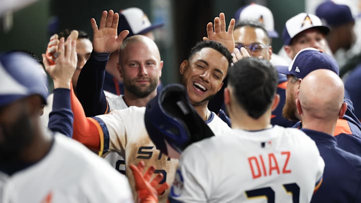 Houston Astros shortstop Jeremy Pena (3) celebrates Houston Astros catcher Yainer Diaz (21) grand slam against the Los Angeles Angels in the fifth inning at Daikin Park on April 11. Houston Astros shortstop Jeremy Pena (3) celebrates Houston Astros catcher Yainer Diaz (21) grand slam against the Los Angeles Angels in the fifth inning at Daikin Park on April 11.