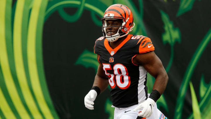 Cincinnati Bengals defensive end Carl Lawson (58) takes the field during introductions before the first quarter of the NFL Week 7 game between the Cincinnati Bengals and the Cleveland Browns at Paul Brown Stadium in downtown Cincinnati on Sunday, Oct. 25, 2020. The Bengals led 17-10 at halftime.

Cleveland Browns At Cincinnati Bengals