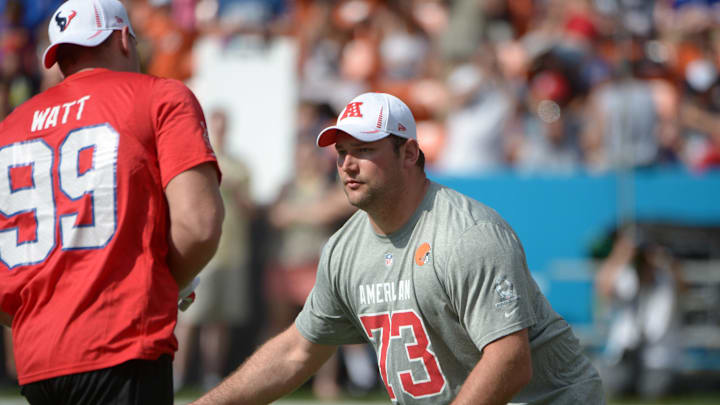 Jan 26, 2013, Honolulu, HI, USA; Cleveland Browns tackle Joe Thomas (73) blocks Houston Texans defensive end J.J. Watt (99) at Ohana Day for the 2013 Pro Bowl at Aloha Stadium.