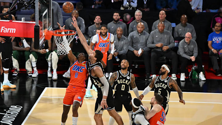 Dec 17, 2024; Las Vegas, Nevada, USA;  Oklahoma City Thunder forward Jalen Williams (8) shoots against Milwaukee Bucks center Brook Lopez (11) during the 4th quarter in the Emirates NBA Cup championship game at T-Mobile Arena. Mandatory Credit: Candice Ward-Imagn Images