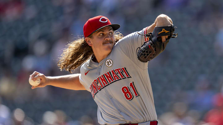 Sep 15, 2024; Minneapolis, Minnesota, USA; Cincinnati Reds starting pitcher Rhett Lowder (81) delivers a pitch against the Minnesota Twins in the first inning at Target Field. Mandatory Credit: Jesse Johnson-Imagn Images