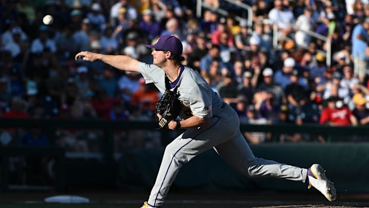 Jun 19, 2023; Omaha, NE, USA;  LSU Tigers starting pitcher Ty Floyd (9) throws against the Wake Forest Demon Deacons in the fifth inning at Charles Schwab Field Omaha. Mandatory Credit: Steven Branscombe-Imagn Images