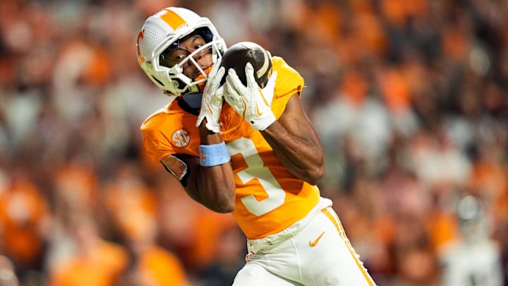 Nov 9, 2024; Knoxville, Tennessee, USA; Tennessee Volunteers wide receiver Squirrel White (3) catches the ball for a touchdown against the Mississippi State Bulldogs during the first half at Neyland Stadium. Mandatory Credit: Caitie McMekin/USA TODAY Network via Imagn Images
