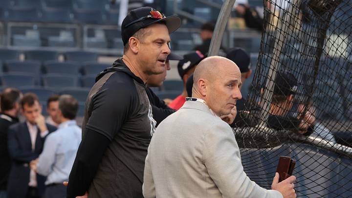 Oct 11, 2022; Bronx, New York, USA; New York Yankees manager Aaron Boone, left, and general manager Brian Cashman watch batting practice before game one of the ALDS against the Cleveland Guardians for the 2022 MLB Playoffs at Yankee Stadium. Mandatory Credit: Vincent Carchietta-USA TODAY Sports Oct 11, 2022; Bronx, New York, USA; New York Yankees manager Aaron Boone, left, and general manager Brian Cashman watch batting practice before game one of the ALDS against the Cleveland Guardians for the 2022 MLB Playoffs at Yankee Stadium. Mandatory Credit: Vincent Carchietta-USA TODAY Sports
