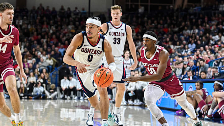 Gonzaga seniors Ryan Nembhard (0) and Ben Gregg (33).