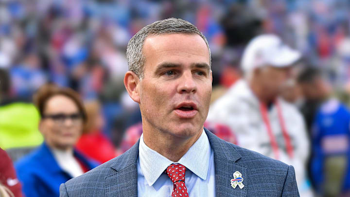 Nov 17, 2024; Orchard Park, New York, USA; Buffalo Bills general manager Brandon Beane on the field before a game against the Kansas City Chiefs at Highmark Stadium. Mandatory Credit: Mark Konezny-Imagn Images Nov 17, 2024; Orchard Park, New York, USA; Buffalo Bills general manager Brandon Beane on the field before a game against the Kansas City Chiefs at Highmark Stadium. Mandatory Credit: Mark Konezny-Imagn Images