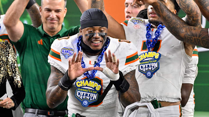 Dec 31, 2025; Arlington, TX, USA; Miami Hurricanes defensive back Keionte Scott (0) celebrates after the 2025 Cotton Bowl and quarterfinal game of the College Football Playoff at AT&T Stadium. Dec 31, 2025; Arlington, TX, USA; Miami Hurricanes defensive back Keionte Scott (0) celebrates after the 2025 Cotton Bowl and quarterfinal game of the College Football Playoff at AT&T Stadium.