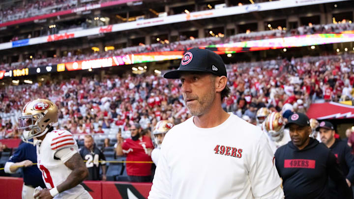 Jan 5, 2025; Glendale, Arizona, USA; San Francisco 49ers head coach Kyle Shanahan against the Arizona Cardinals at State Farm Stadium. Mandatory Credit: Mark J. Rebilas-Imagn Images