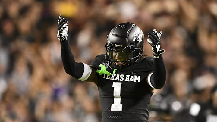 Oct 26, 2024; College Station, Texas, USA; Texas A&M Aggies defensive back Bryce Anderson (1) reacts against the LSU Tigers during the third quarter. The Aggies defeated the Tigers 38-23; at Kyle Field. Mandatory Credit: Maria Lysaker-Imagn Images.  