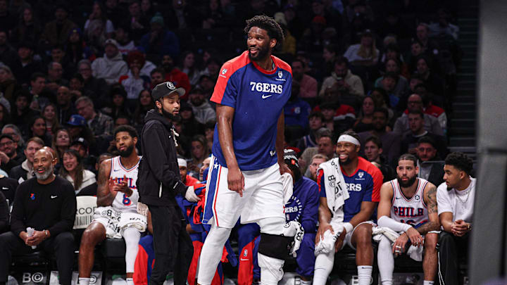 Jan 4, 2025; Brooklyn, New York, USA; Philadelphia 76ers center Joel Embiid (21) looks on during the first half against the Brooklyn Nets at Barclays Center. Mandatory Credit: Vincent Carchietta-Imagn Images