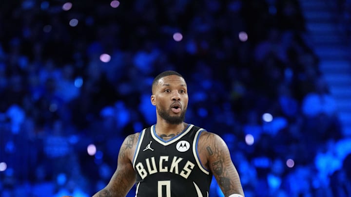 Dec 17, 2024; Las Vegas, Nevada, USA; Milwaukee Bucks guard Damian Lillard (0) dribbles during the 3rd quarter of the Emirates NBA Cup championship game against the Oklahoma City Thunder at T-Mobile Arena. Mandatory Credit: Kyle Terada-Imagn Images Dec 17, 2024; Las Vegas, Nevada, USA; Milwaukee Bucks guard Damian Lillard (0) dribbles during the 3rd quarter of the Emirates NBA Cup championship game against the Oklahoma City Thunder at T-Mobile Arena. Mandatory Credit: Kyle Terada-Imagn Images