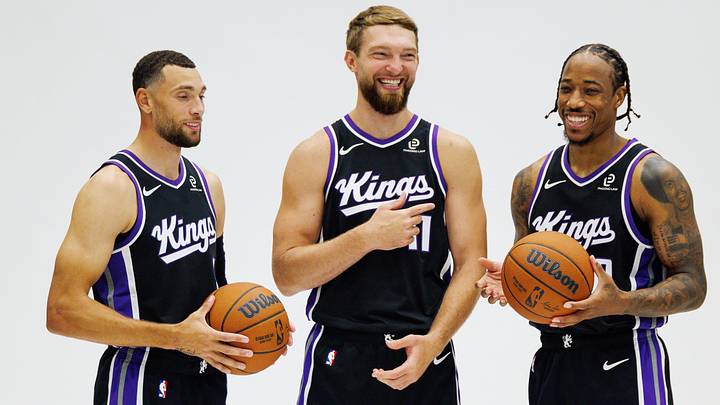 Sep 29, 2025; Sacramento, CA, USA; Sacramento Kings guard Zach LaVine (8), forward Domantas Sabonis (11), and forward DeMar DeRozan (10) pose for a photo during media day at Golden 1 Center. Mandatory Credit: Sergio Estrada-Imagn Images