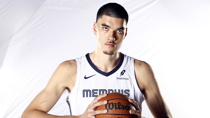 Sep 30, 2024; Memphis, TN, USA; Memphis Grizzlies center Zach Edey (14) during media day at FedEx Forum. Mandatory Credit: Petre Thomas-Imagn Images