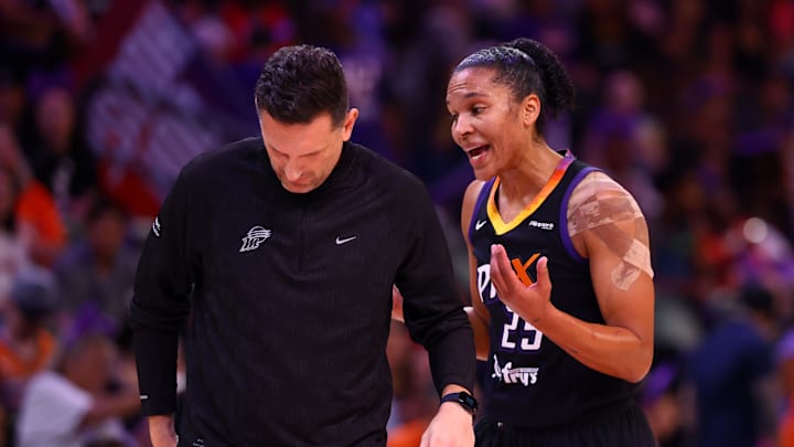 Aug 10, 2025; Phoenix, Arizona, USA; Phoenix Mercury forward Alyssa Thomas (25) with head coach Nate Tibbetts against the Atlanta Dream in the first half at Footprint Center. Mandatory Credit: Mark J. Rebilas-Imagn Images
