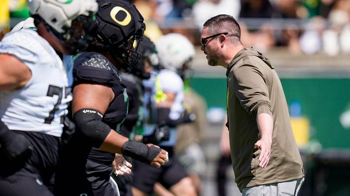 Oregon head coach Dan Lanning warms players up during the Oregon Ducks annual spring game on April 25, 2026 at Autzen Stadium in Eugene, Oregon.