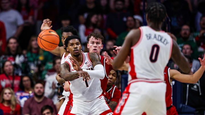 Dec 7, 2024; Tucson, Arizona, USA; Arizona Wildcats guard Caleb Love (1) passes the ball during the first half against the Southern Utah Thunderbirds at McKale Center. Mandatory Credit: Aryanna Frank-Imagn Images