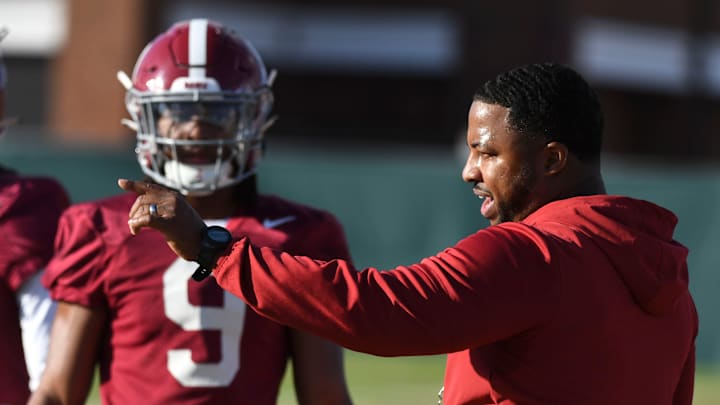 Mar 6, 2024; Tuscaloosa, Alabama, USA; Co-defensive coordinator Maurice Linguist works with linebackers during practice of the Alabama Crimson Tide football team Wednesday.