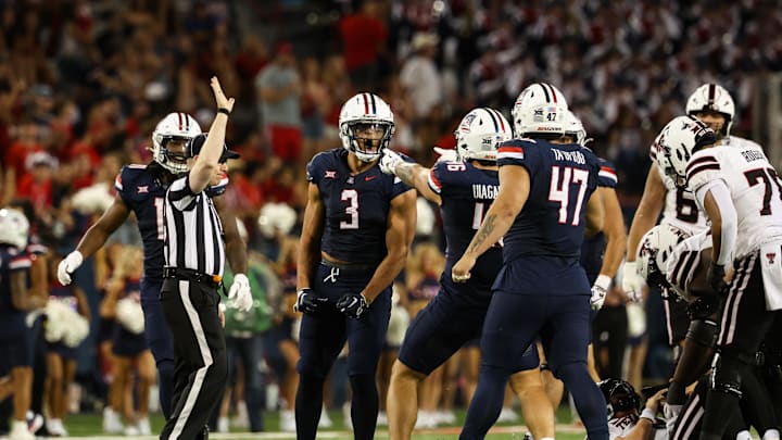 Oct 5, 2024; Tucson, Arizona, USA; Arizona Wildcats defensive lineman Tre Smith (3) celebrate during third quarter against Texas Tech Red Raiders at Arizona Stadium. Mandatory Credit: Aryanna Frank-Imagn Images