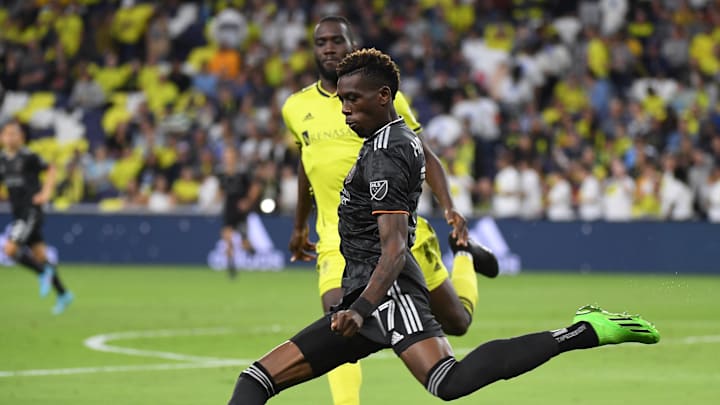 Oct 2, 2022; Nashville, Tennessee, USA; Houston Dynamo defender Teenage Hadebe (17) plays the ball