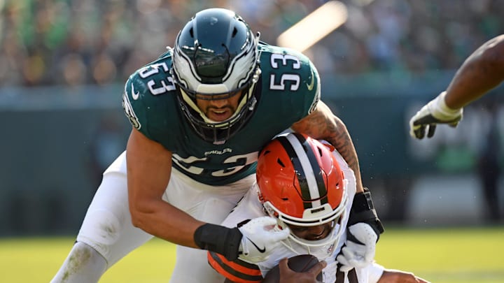 Oct 13, 2024; Philadelphia, Pennsylvania, USA; Philadelphia Eagles linebacker Zack Baun (53) tackles Cleveland Browns quarterback Deshaun Watson (4) at Lincoln Financial Field. Mandatory Credit: Eric Hartline-Imagn Images