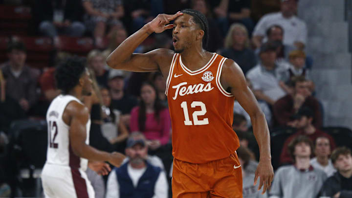Mar 4, 2025; Starkville, Mississippi, USA; Texas Longhorns guard Tramon Mark (12) reacts during the second half against the Mississippi State Bulldogs at Humphrey Coliseum. Mandatory Credit: Petre Thomas-Imagn Images