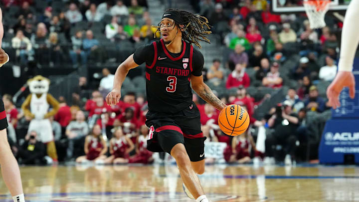 Mar 14, 2024; Las Vegas, NV, USA; Stanford Cardinal guard Kanaan Carlyle (3) dribbles against the