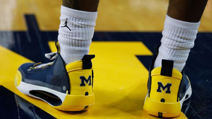 Jan 25, 2020; Ann Arbor, Michigan, USA; Detail of the shoes of Michigan Wolverines guard Zavier Simpson (3) against the Illinois Fighting Illini at Crisler Center. Mandatory Credit: Rick Osentoski-USA TODAY Sports