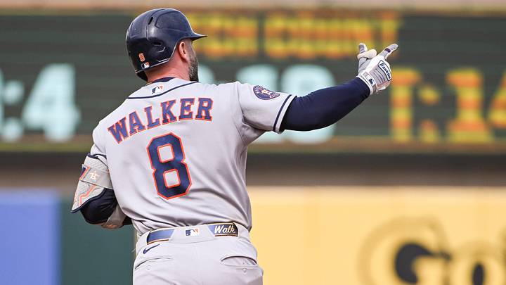 Sep 27, 2026; West Sacramento, California, USA;  Houston Astros first baseman Christian Walker (8) motions to his team mates after hitting a home run against the Athletics at Sutter Health Park.  Mandatory Credit: Ed Szczepanski-Imagn Images