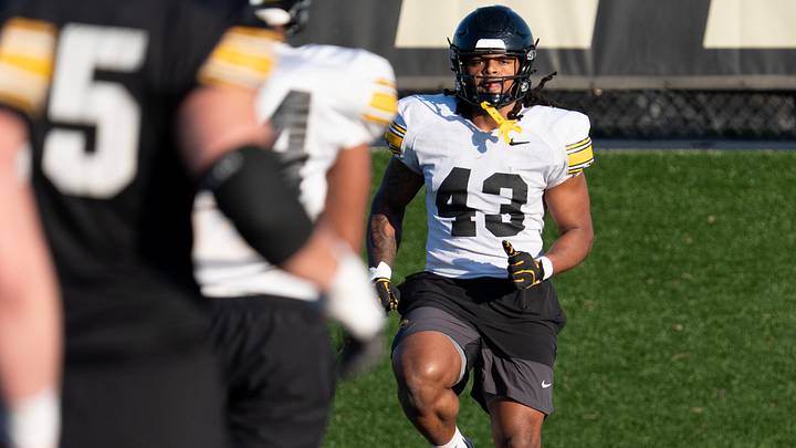 Iowa defensive lineman Kahmari Brown (43) warms up during practice April 9, 2026 in Iowa City, Iowa. Iowa defensive lineman Kahmari Brown (43) warms up during practice April 9, 2026 in Iowa City, Iowa.