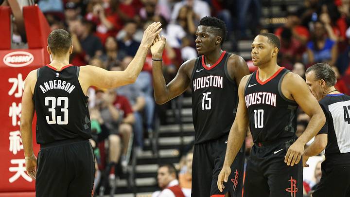 Mar 24, 2018; Houston, TX, USA; Houston Rockets center Clint Capela (15) celebrates with forward Ryan Anderson (33) after a play during the fourth quarter against the New Orleans Pelicans at Toyota Center. Mandatory Credit: Troy Taormina-USA TODAY Sports Mar 24, 2018; Houston, TX, USA; Houston Rockets center Clint Capela (15) celebrates with forward Ryan Anderson (33) after a play during the fourth quarter against the New Orleans Pelicans at Toyota Center. Mandatory Credit: Troy Taormina-USA TODAY Sports