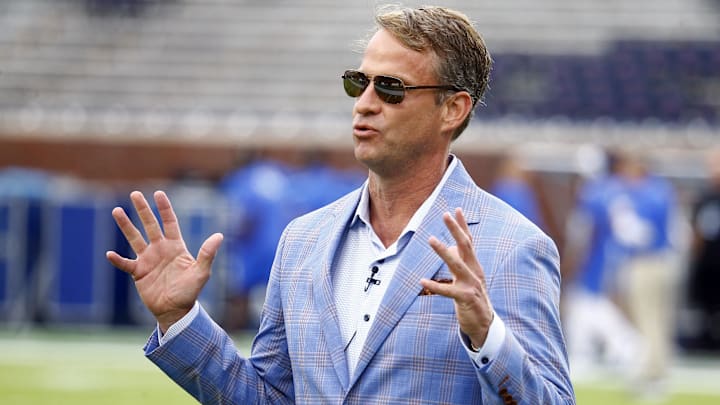 Sep 28, 2024; Oxford, Mississippi, USA; Mississippi Rebels head coach Lane Kiffin interviews prior to the game against the Kentucky Wildcats at Vaught-Hemingway Stadium.