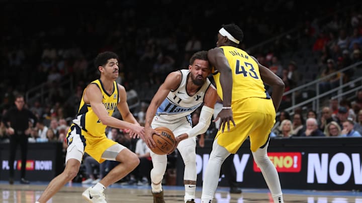 Mar 8, 2025; Atlanta, Georgia, USA; Atlanta Hawks guard Trae Young (11) is fouled by Indiana Pacers forward Pascal Siakam (43) during the first quarter at State Farm Arena. Mandatory Credit: Mady Mertens-Imagn Images Mar 8, 2025; Atlanta, Georgia, USA; Atlanta Hawks guard Trae Young (11) is fouled by Indiana Pacers forward Pascal Siakam (43) during the first quarter at State Farm Arena. Mandatory Credit: Mady Mertens-Imagn Images