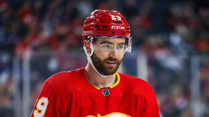 Jan 18, 2024; Calgary, Alberta, CAN; Calgary Flames center Dillon Dube (29) against the Toronto Maple Leafs during the first period at Scotiabank Saddledome. Mandatory Credit: Sergei Belski-Imagn Images Jan 18, 2024; Calgary, Alberta, CAN; Calgary Flames center Dillon Dube (29) against the Toronto Maple Leafs during the first period at Scotiabank Saddledome. Mandatory Credit: Sergei Belski-Imagn Images
