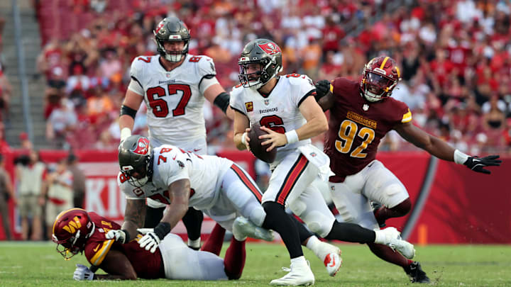 Sep 8, 2024; Tampa, Florida, USA; Tampa Bay Buccaneers quarterback Baker Mayfield (6) runs with the ball against the Washington Commanders during the second half at Raymond James Stadium. Mandatory Credit: Kim Klement Neitzel-Imagn Images Sep 8, 2024; Tampa, Florida, USA; Tampa Bay Buccaneers quarterback Baker Mayfield (6) runs with the ball against the Washington Commanders during the second half at Raymond James Stadium. Mandatory Credit: Kim Klement Neitzel-Imagn Images