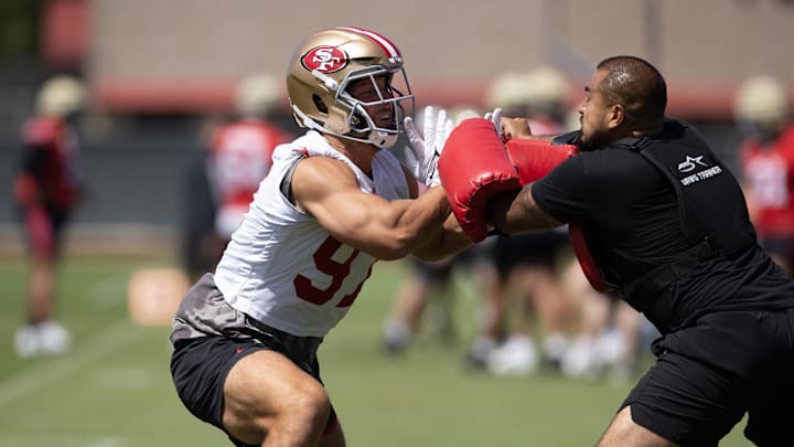 Jun 11, 2025; Santa Clara, CA, USA; San Francisco 49ers defensive end Nick Bosa (97) participates in a pass rush drill during a team OTA at Levi's Stadium. Mandatory Credit: D. Ross Cameron-Imagn Images
