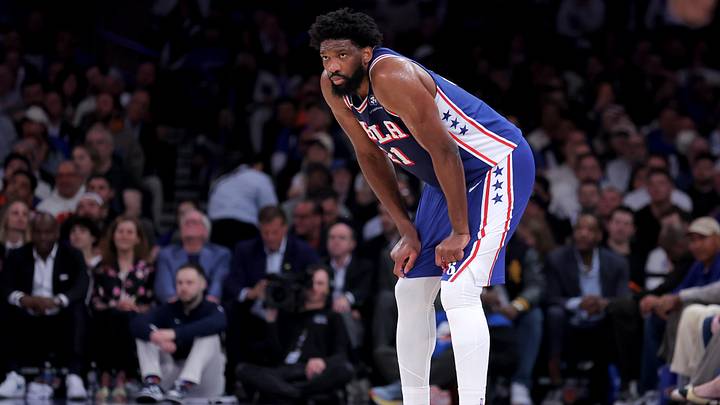 May 4, 2026; New York, New York, USA; Philadelphia 76ers center Joel Embiid (21) reacts during the first quarter of game one of the eastern conference semifinal round of the 2026 NBA Playoffs against the New York Knicks at Madison Square Garden. Mandatory Credit: Brad Penner-Imagn Images