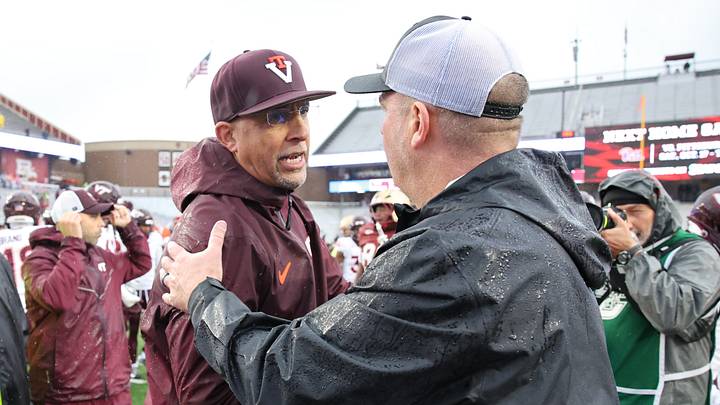 Sep 26, 2026; Chestnut Hill, Massachusetts, USA;  Virginia Tech head coach James Franklin shakes hands with Boston College head coach Bill O'Brien after the game at Alumni Stadium.  Mandatory Credit: Edward Finan-Imagn Images