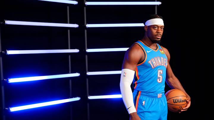 Luguentz Dort (5) during the Thunder Media Day for the 25-26 NBA season at the Paycom Center Monday, Sept. 29, 2025. Luguentz Dort (5) during the Thunder Media Day for the 25-26 NBA season at the Paycom Center Monday, Sept. 29, 2025.