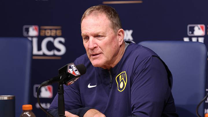 Oct 14, 2026; Los Angeles, California, USA;  Milwaukee Brewers manager Pat Murphy speaks in a press conference after game three of the NLCS for the 2026 MLB Playoffs against the Los Angeles Dodgers at Uniqlo Field at Dodger Stadium.  Mandatory Credit: Kiyoshi Mio-Imagn Images
