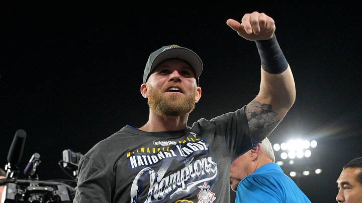 Oct 15, 2026; Los Angeles, California, USA; Milwaukee Brewers first baseman Jake Bauers (9) celebrates after defeating the Los Angeles Dodgers in game four of the NLCS for the 2026 MLB Playoffs at Uniqlo Field at Dodger Stadium. Mandatory Credit: Jayne Kamin-Oncea-Imagn Images Oct 15, 2026; Los Angeles, California, USA; Milwaukee Brewers first baseman Jake Bauers (9) celebrates after defeating the Los Angeles Dodgers in game four of the NLCS for the 2026 MLB Playoffs at Uniqlo Field at Dodger Stadium. Mandatory Credit: Jayne Kamin-Oncea-Imagn Images