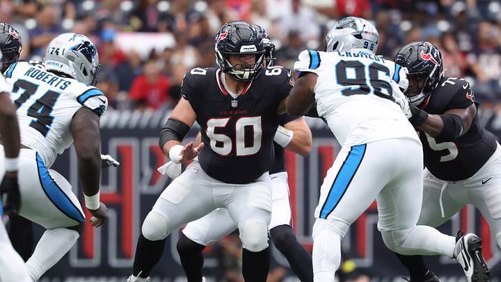 Aug 16, 2025; Houston, Texas, USA; Houston Texans center Jake Andrews (60) attempts to block Carolina Panthers defensive tackle Jaden Crumedy (96) during the game at NRG Stadium. Mandatory Credit: Troy Taormina-Imagn Images Aug 16, 2025; Houston, Texas, USA; Houston Texans center Jake Andrews (60) attempts to block Carolina Panthers defensive tackle Jaden Crumedy (96) during the game at NRG Stadium. Mandatory Credit: Troy Taormina-Imagn Images