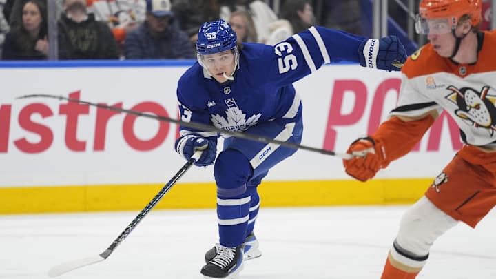 Mar 12, 2026; Toronto, Ontario, CAN; Toronto Maple Leafs forward Easton Cowan (53) skates against the Anaheim Ducks during the third period at Scotiabank Arena. Mandatory Credit: John E. Sokolowski-Imagn Images