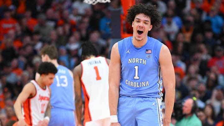 Feb 21, 2026; Syracuse, New York, USA; North Carolina Tar Heels forward Zayden High (1) reacts during the second half against the Syracuse Orange at the JMA Wireless Dome. Mandatory Credit: Rich Barnes-Imagn Images
