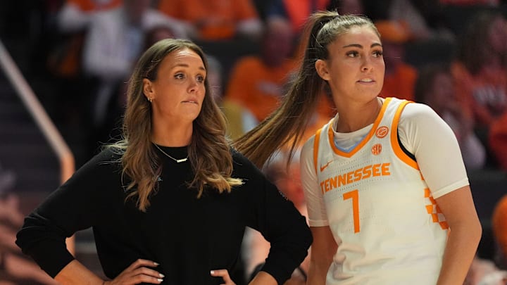 Tennessee basketball coach Kim Caldwell talks with guard/forward Lauren Hurst (7) during an NCAA college basketball game against the Florida Gators on January 1, 2026, in Knoxville, Tenn. Tennessee basketball coach Kim Caldwell talks with guard/forward Lauren Hurst (7) during an NCAA college basketball game against the Florida Gators on January 1, 2026, in Knoxville, Tenn.