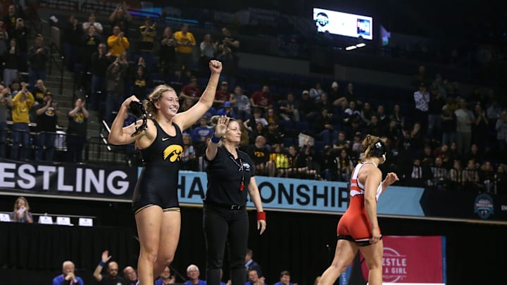 Iowa's Kylie Welker, left, defeated North Central's Yelena Makoyed in the 170-pound championship match on Saturday, March 9, 2024, during the NCWWCs at Alliant Energy PowerHouse in Cedar Rapids, Iowa. Iowa's Kylie Welker, left, defeated North Central's Yelena Makoyed in the 170-pound championship match on Saturday, March 9, 2024, during the NCWWCs at Alliant Energy PowerHouse in Cedar Rapids, Iowa.