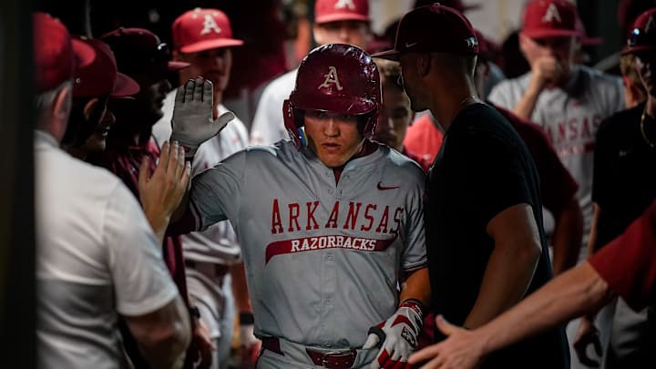 Arkansas first baseman Cam Kozeal (8) celebrates his home run against Vanderbilt during the sixth inning at Hawkins Field in Nashville, Tenn., Friday, March 28, 2025.