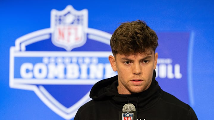 Feb 29, 2024; Indianapolis, IN, USA; Iowa defensive back Cooper Dejean (DB06) talks to the media
