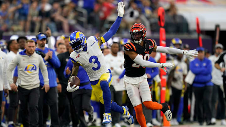 Los Angeles Rams wide receiver Odell Beckham Jr. (3) is forced out of bounds by Cincinnati Bengals